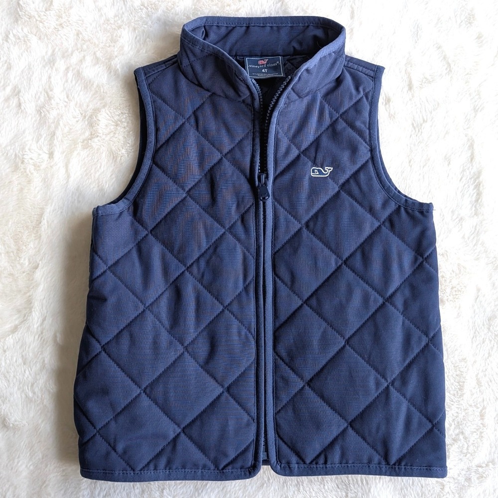 Vineyard Vines Kid's Navy Blue Quilted Full Zip Whale Logo Vest 4T